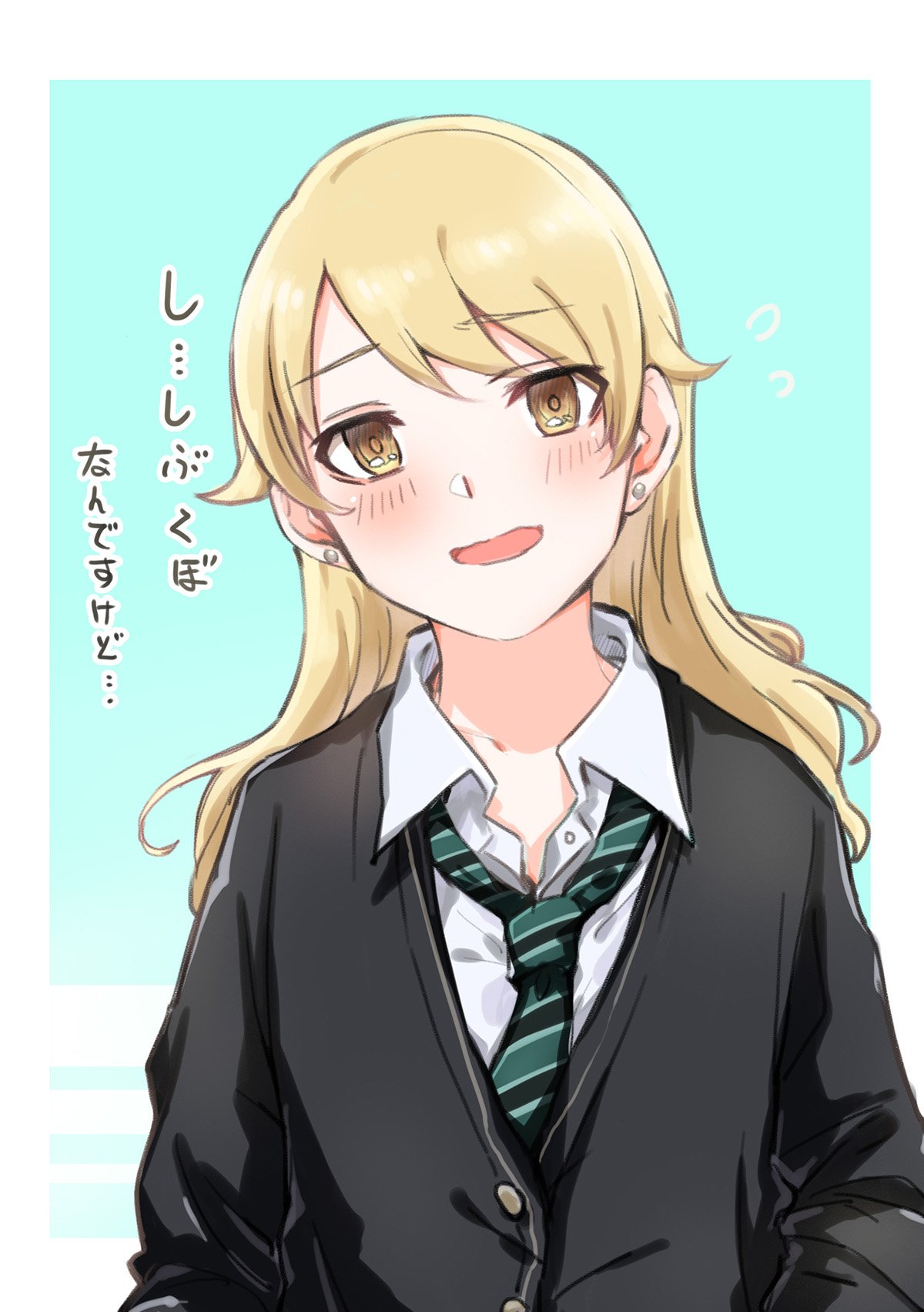 1girl blazer blonde_hair blue_background blush border cosplay highres idolmaster idolmaster_cinderella_girls jacket kagami_touya long_hair morikubo_nono necktie outside_border school_uniform shibuya_rin shibuya_rin_(cosplay) solo striped striped_neckwear translation_request white_border yellow_eyes