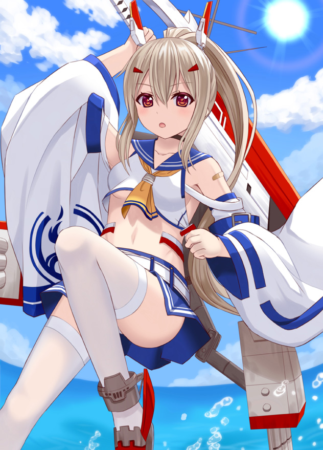 1girl :o arm_belt arm_up ayanami_(azur_lane) azur_lane bangs belt belt_buckle black_choker blue_belt blue_sailor_collar blue_skirt blue_sky breasts brown_footwear brown_hair buckle choker clouds cloudy_sky collarbone commentary_request day detached_sleeves eyebrows_visible_through_hair hair_between_eyes hair_ornament headgear high_ponytail holding holding_sword holding_weapon horizon long_hair long_sleeves looking_at_viewer ocean outdoors parted_lips ponytail red_eyes rudder_footwear sailor_collar school_uniform serafuku shirt shoes sidelocks skirt sky sleeveless sleeveless_shirt small_breasts solo sun sword thigh-highs tsukino_neru very_long_hair water water_drop weapon white_belt white_legwear white_shirt white_sleeves wide_sleeves