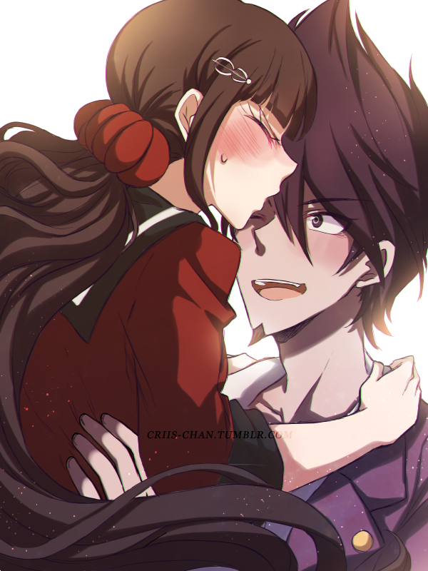 1boy 1girl ;d beard black_sailor_collar blazer brown_hair closed_eyes criis-chan dangan_ronpa dust_particles facial_hair floating_hair forehead_kiss hair_ornament harukawa_maki jacket kiss long_hair momota_kaito new_dangan_ronpa_v3 one_eye_closed open_mouth purple_hair purple_jacket red_shirt sailor_collar shirt simple_background smile spiky_hair sweatdrop twintails very_long_hair watermark web_address white_background