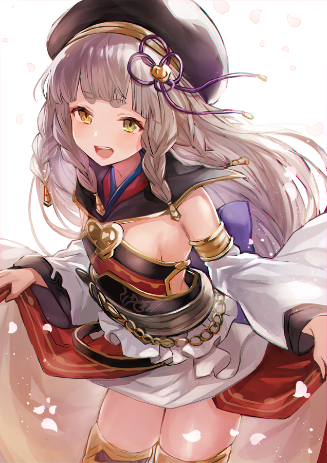 1girl :d backlighting bare_shoulders black_hat braid breasts cowboy_shot detached_collar detached_sleeves granblue_fantasy green_eyes hair_ornament hat heterochromia japanese_clothes long_hair long_sleeves looking_at_viewer obi open_mouth petals pholia sash sidelocks silver_hair small_breasts smile solo standing thick_eyebrows thigh-highs very_long_hair white_background wide_sleeves yellow_eyes yuzuki_karu zettai_ryouiki