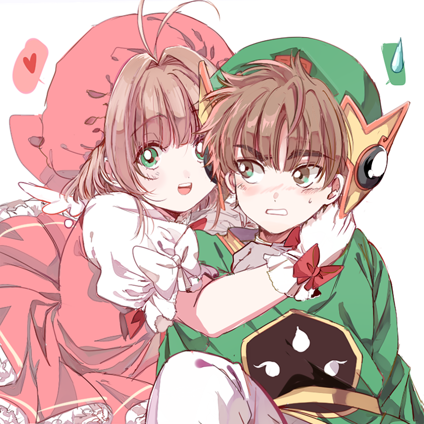1boy 1girl ahoge blush bow brown_hair card_captor_sakura clenched_teeth dress ebcho199736 frilled_dress frills gloves green_eyes hair_intakes hat heart hug kinomoto_sakura li_xiaolang looking_at_another looking_at_viewer looking_to_the_side puffy_short_sleeves puffy_sleeves short_sleeves spoken_heart spoken_sweatdrop sweatdrop teeth tsurime white_background white_gloves