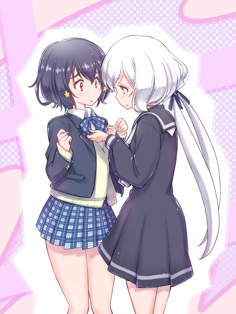 2girls adjusting_another's_clothes arms_up black_dress black_hair black_jacket blazer blue_eyes blue_skirt commentary_request dress eye_contact face-to-face jacket konno_junko long_hair looking_at_another low_twintails mizuno_ai multiple_girls plaid plaid_skirt red_eyes ribbon school_uniform short_hair skirt studiozombie sweater twintails white_hair white_sweater zombie_land_saga
