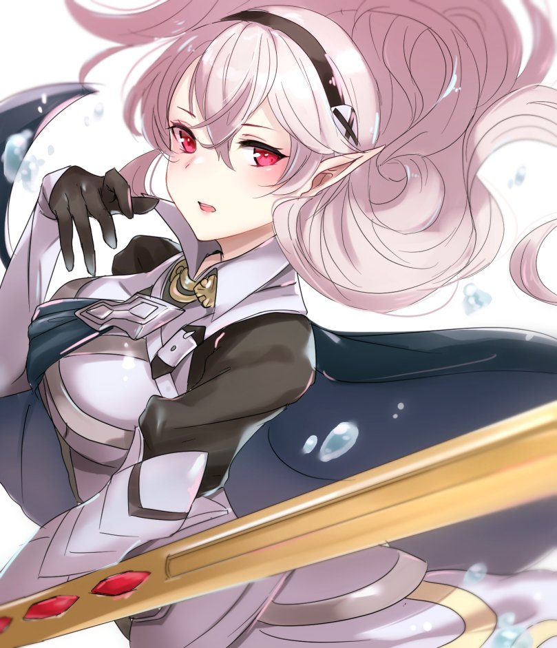 1girl armor black_hairband cape female_my_unit_(fire_emblem_if) fire_emblem fire_emblem_if gloves hairband haru_(nakajou-28) long_hair my_unit_(fire_emblem_if) nintendo pointy_ears red_eyes simple_background solo sword weapon white_background white_hair