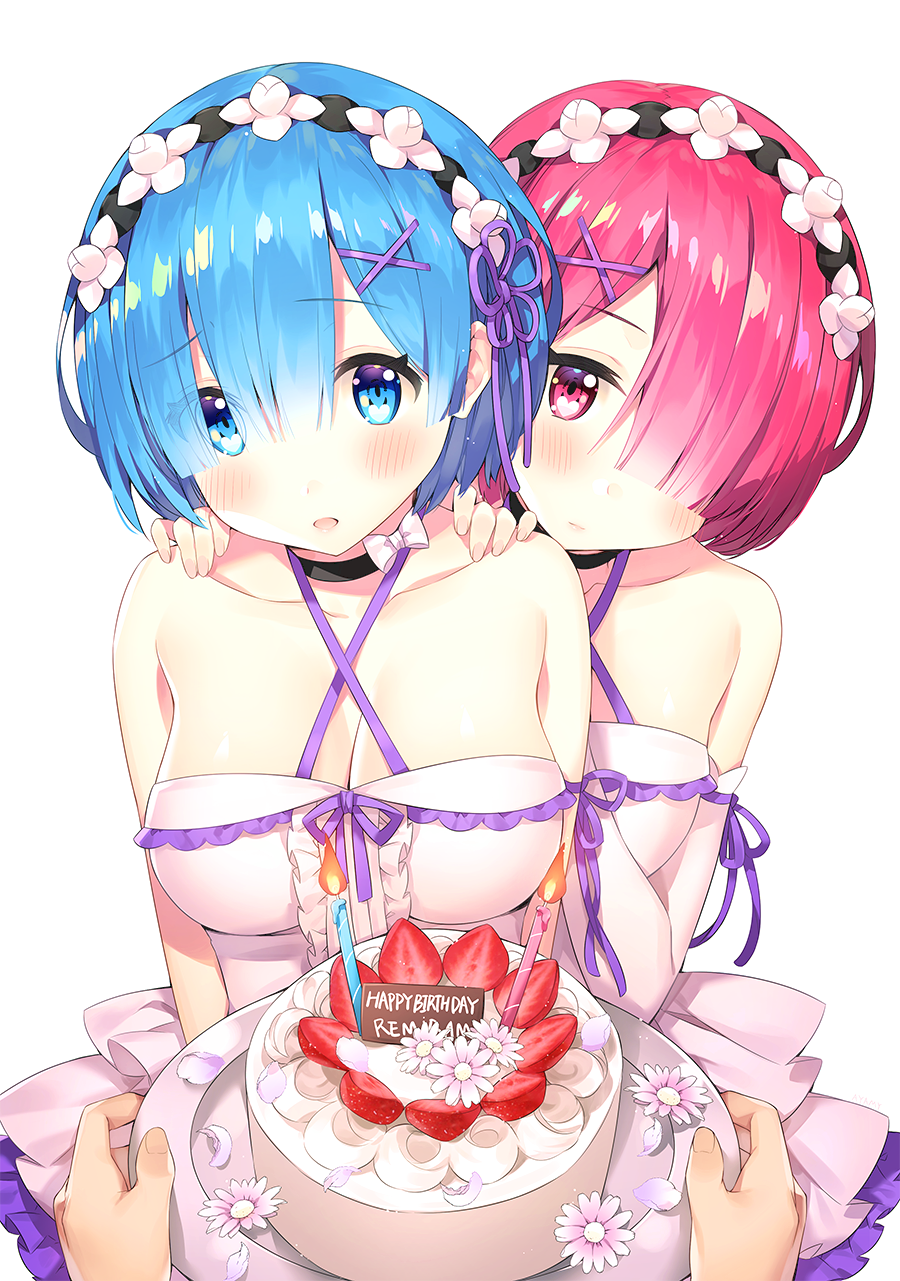 2girls ayamy bangs bare_shoulders blue_eyes blue_hair blush breasts cake candle choker cleavage closed_mouth collarbone commentary_request cream criss-cross_halter dress elbow_gloves food fruit gloves hair_between_eyes hair_ornament halterneck hands_on_another's_shoulders happy_birthday headdress highres holding holding_plate large_breasts looking_at_viewer multiple_girls parted_lips pink_eyes pink_hair plate pov pov_hands ram_(re:zero) re:zero_kara_hajimeru_isekai_seikatsu rem_(re:zero) short_hair sidelocks strawberry white_background white_dress white_gloves x_hair_ornament