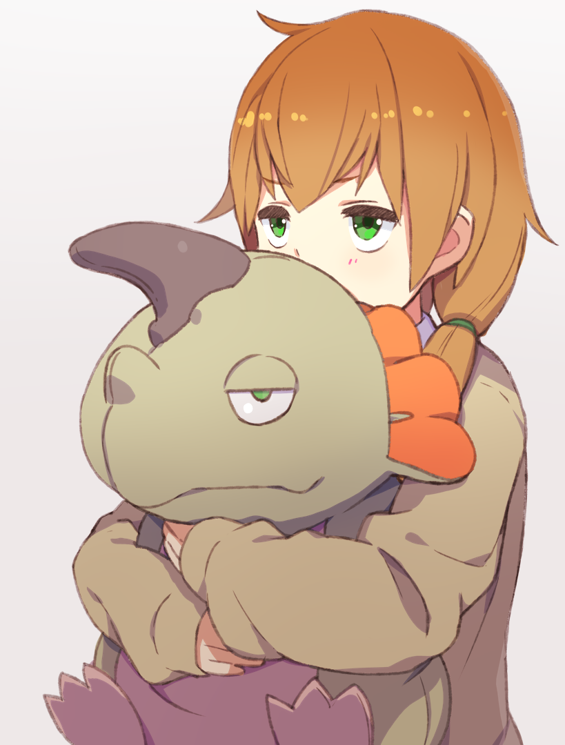 1girl aguila bangs blush brown_hair brown_shirt doll_hug gradient gradient_background green_eyes hair_over_shoulder long_hair long_sleeves sanpaku shirt sidelocks sleeves_past_wrists solo stuffed_dinosaur stuffed_toy tomioka_jirou ultra_kaijuu_gijinka_keikaku ultra_series upper_body white_background