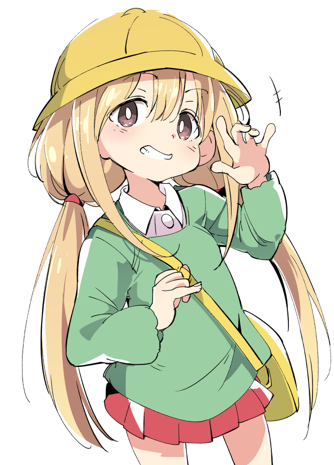 1girl bag blonde_hair blush brown_eyes clenched_teeth eyebrows_visible_through_hair futaba_anzu grin hair_between_eyes hat idolmaster idolmaster_cinderella_girls ixy kindergarten_bag kindergarten_uniform long_hair long_sleeves looking_at_viewer low_twintails salute school_hat school_uniform simple_background smile solo teeth twintails white_background