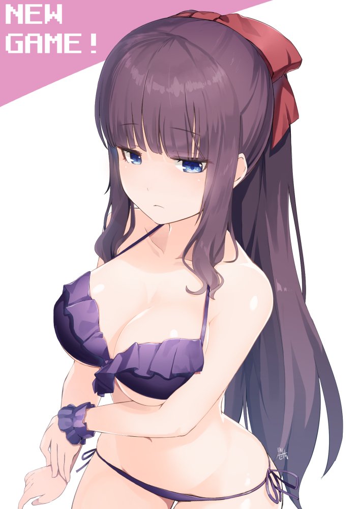 1girl blue_eyes breasts cleavage copyright_name frilled_bikini_top large_breasts long_hair meth_(emethmeth) new_game! purple_hair red_ribbon ribbon scrunchie side-tie_bottom solo takimoto_hifumi wrist_scrunchie