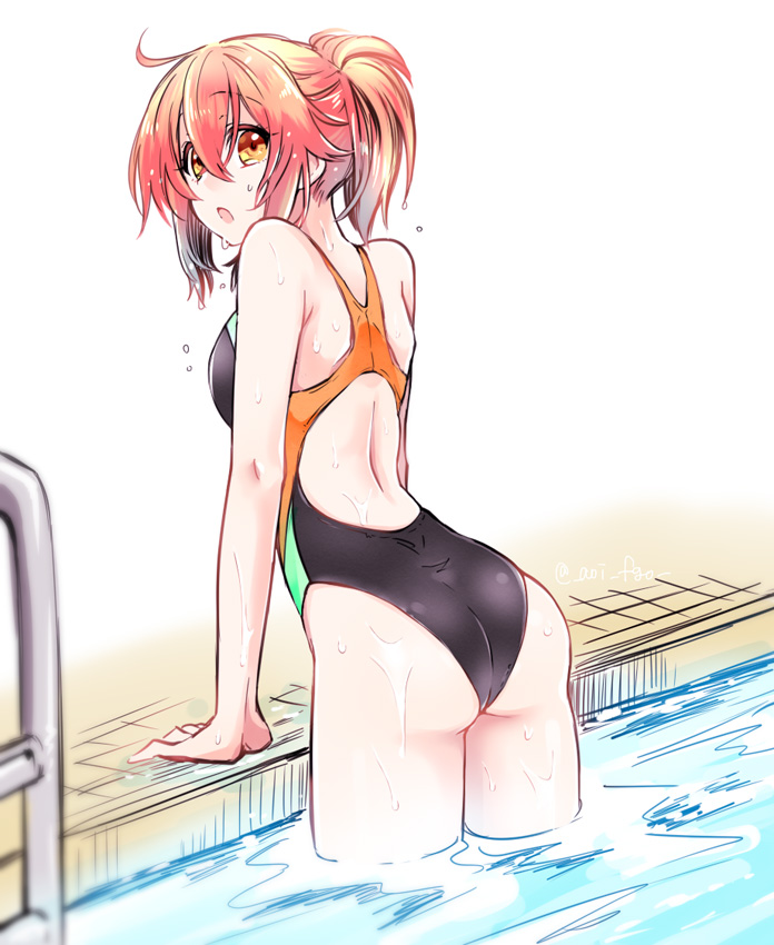 1girl ahoge black_swimsuit brown_eyes competition_swimsuit eyebrows_visible_through_hair fate/grand_order fate_(series) fujimaru_ritsuka_(female) hair_between_eyes long_hair one-piece_swimsuit open_mouth ponytail pool redhead shino-o shiny shiny_hair simple_background solo sweatdrop swimsuit white_background
