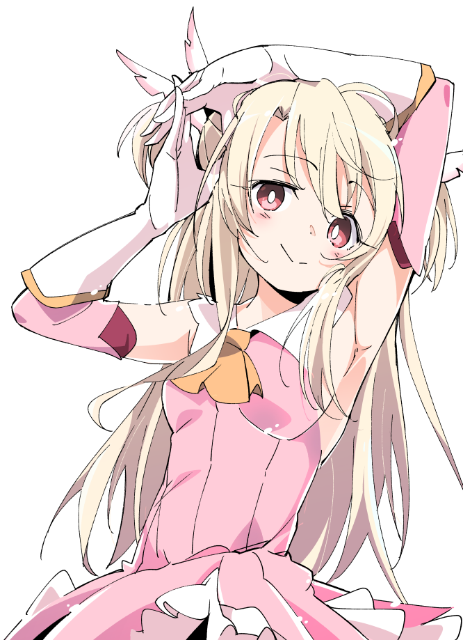 1girl :&gt; armpits arms_up blonde_hair breasts cowboy_shot dress elbow_gloves fate/kaleid_liner_prisma_illya fate_(series) feathers gloves hair_feathers illyasviel_von_einzbern ixy long_hair looking_at_viewer magical_girl pink_dress pink_feathers prisma_illya red_eyes simple_background small_breasts smile solo two_side_up white_background white_gloves