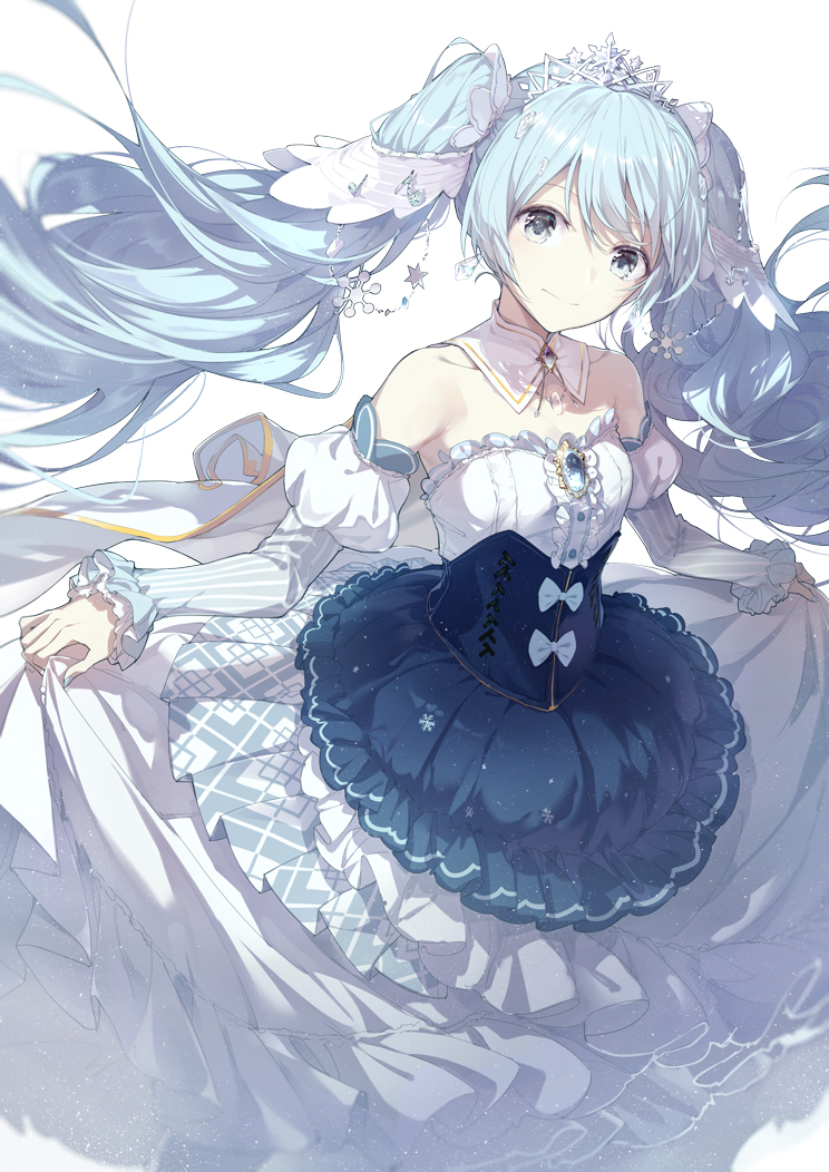1girl bangs bare_shoulders blue_dress blue_hair closed_mouth collarbone commentary_request dress eyebrows_visible_through_hair grey_eyes hair_between_eyes hatsune_miku juliet_sleeves lf long_hair long_sleeves puffy_sleeves revision skirt_hold smile snowflakes solo strapless strapless_dress tiara twintails very_long_hair vocaloid white_background yuki_miku