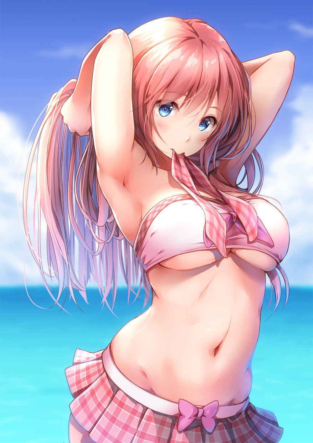 1girl armpits arms_behind_head arms_up bangs bare_arms bare_shoulders beach bit_(keikou_syrup) blue_eyes blurry blurry_background blush breasts commentary_request highres large_breasts long_hair looking_at_viewer megurine_luka navel ocean pink_hair solo strapless strapless_bikini swimsuit under_boob vocaloid