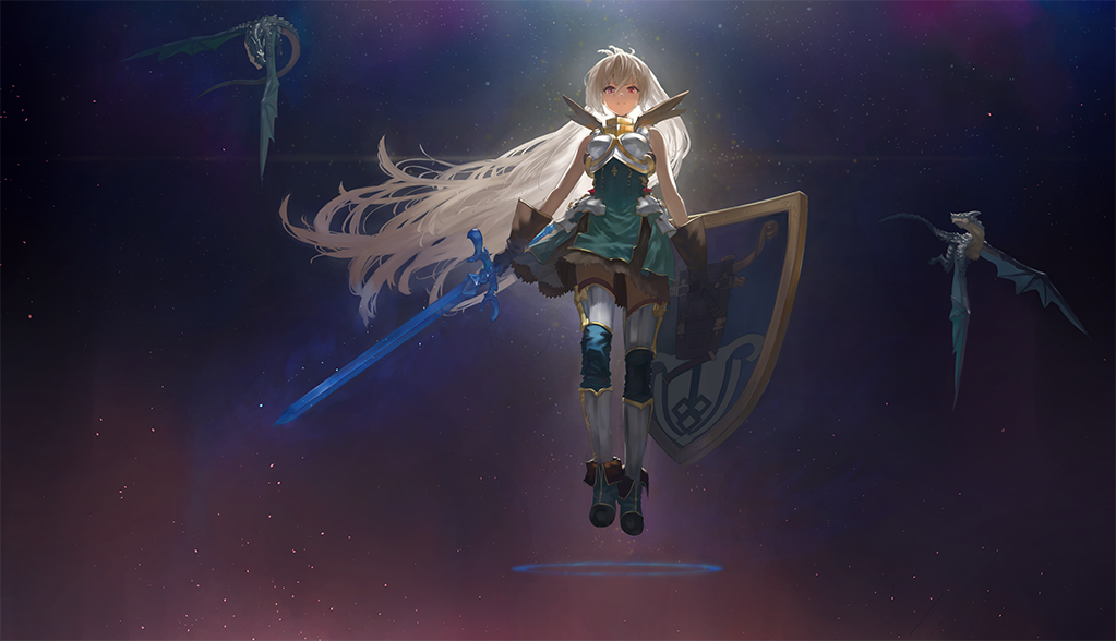 1girl ahoge bare_arms boots breastplate brown_gloves closed_mouth dark_skin dragon dress floating full_body gloves granblue_fantasy green_dress green_footwear hair_between_eyes holding holding_shield holding_sword holding_weapon long_hair looking_at_viewer red_eyes shield shin_guards sky sleeveless solo star_(sky) starry_sky sword thigh-highs very_long_hair wasabi60 weapon white_hair zooey_(granblue_fantasy)