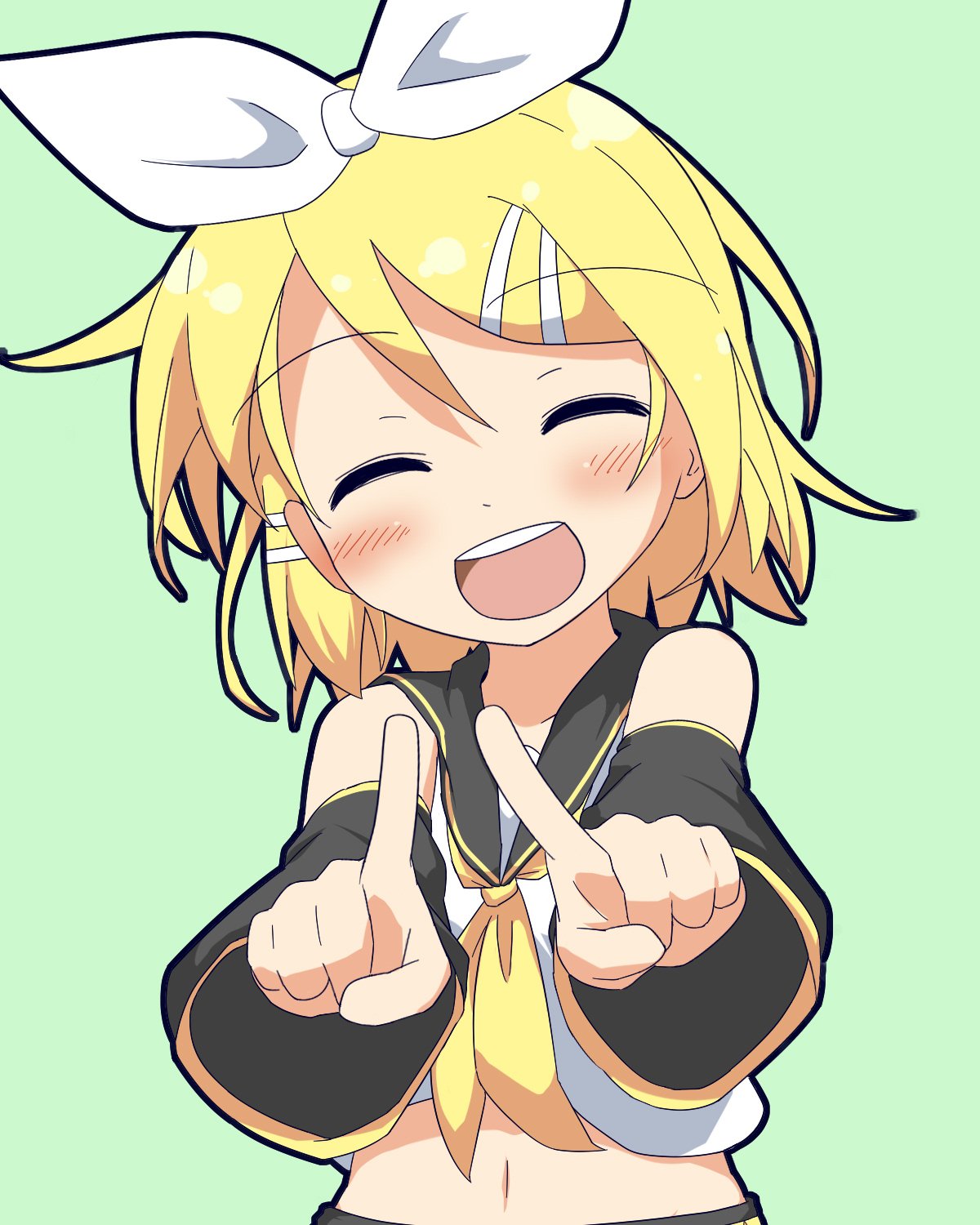 1girl anniversary bangs bare_shoulders blonde_hair blush bow closed_eyes commentary detached_sleeves eyebrows_visible_through_hair green_background hair_between_eyes hair_bow hair_ornament hairclip highres index_fingers_raised kagamine_rin midriff navel neck_ribbon outstretched_arms ribbon sailor_collar short_hair smile solo stomach upper_body vocaloid white_bow white_crop_top wreath_(a1b2c3d45) yellow_neckwear