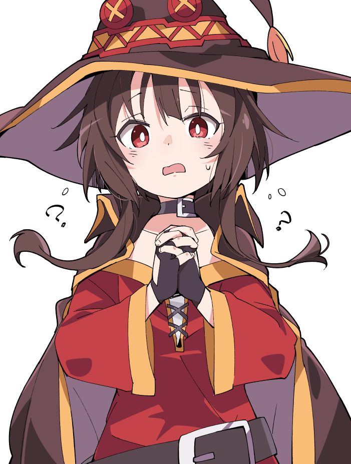 1girl belt black_gloves blush brown_cape brown_hair brown_hat cape choker eyebrows_visible_through_hair fingerless_gloves gloves hat interlocked_fingers ixy kono_subarashii_sekai_ni_shukufuku_wo! long_sleeves looking_at_viewer megumin open_mouth red_eyes short_hair_with_long_locks simple_background solo white_background witch_hat