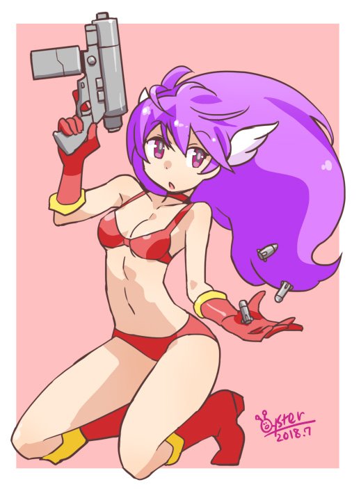 bikini bikini_day breasts character_request cleavage commentary_request gun head_wings long_hair oyster_(artist) purple_hair solo swimsuit weapon