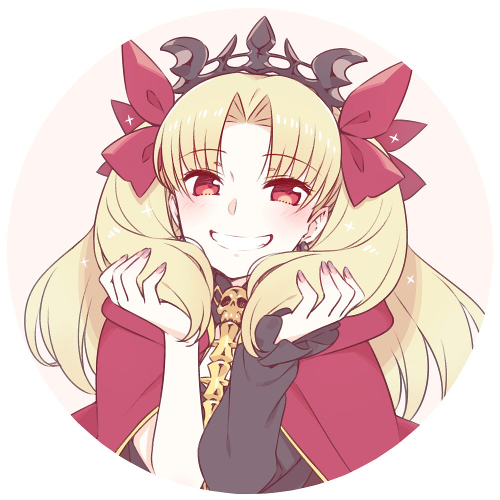 1girl bangs blonde_hair blush chan_co commentary_request ereshkigal_(fate/grand_order) fate/grand_order fate_(series) grin hair_ribbon hands_in_hair hands_up holding holding_hair hood jewelry long_hair looking_at_viewer red_eyes ribbon single_sleeve smile solo tiara two_side_up widow's_peak