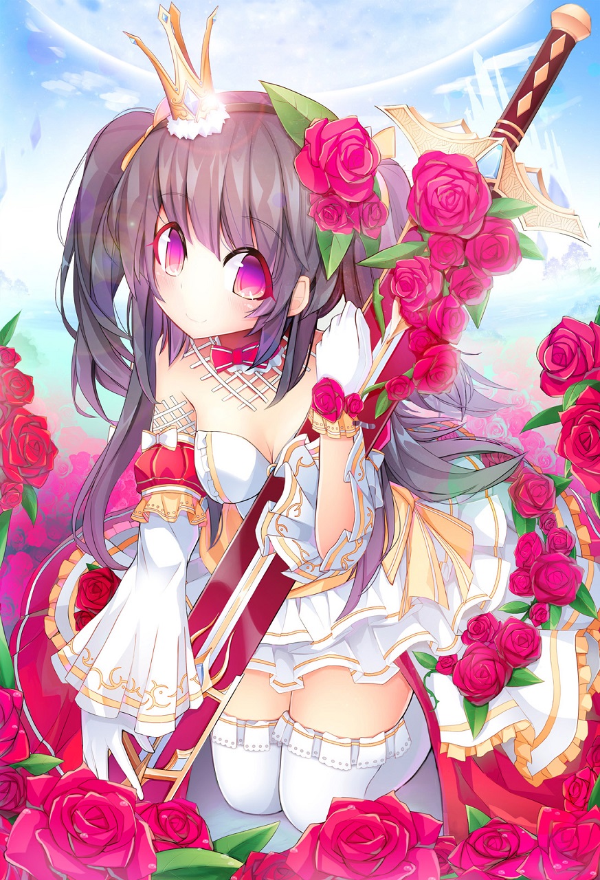 blue_sky blush breasts castle cleavage crown day detached_sleeves dress flower glint gloves hair_flower hair_ornament highres holding holding_sword holding_weapon kneeling long_hair looking_at_viewer mini_crown original outdoors pigat pink_eyes pink_flower sheath sheathed sky small_breasts smile sword thigh-highs two_side_up weapon white_dress white_gloves white_legwear