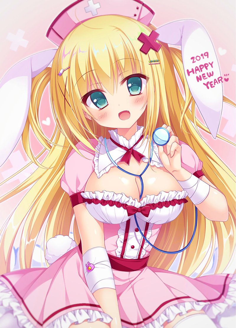 1girl 2019 animal_ears bangs between_breasts blonde_hair blush breasts bunny_tail center_frills cleavage collar commentary_request dress fang frilled_collar frilled_dress frills green_eyes hair_ornament hairclip hat large_breasts long_hair looking_at_viewer new_year nurse nurse_cap original picpicgram pink_dress puffy_short_sleeves puffy_sleeves rabbit_ears short_sleeves smile solo stethoscope tail two_side_up very_long_hair