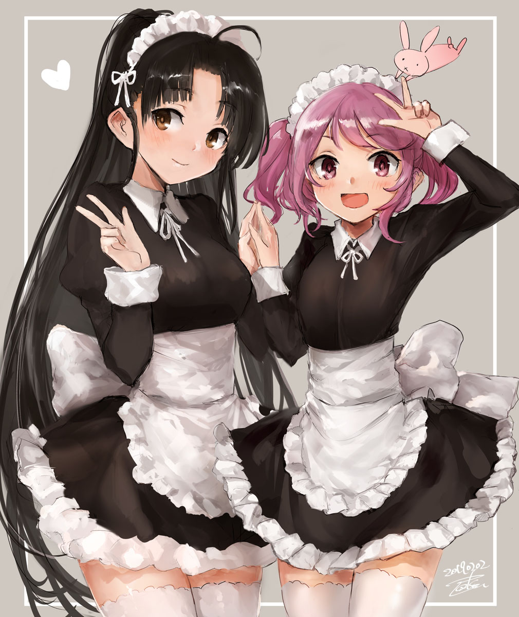 2girls :d ahoge alternate_costume apron black_dress black_hair blush brown_eyes closed_mouth cowboy_shot dated dress enmaided eyebrows_visible_through_hair frilled_skirt frills grey_background hands_together heart highres kantai_collection long_hair long_sleeves maid maid_apron maid_dress maid_headdress multiple_girls neck_ribbon open_mouth pink_eyes pink_hair rabbit ribbon sazanami_(kantai_collection) short_hair shouhou_(kantai_collection) signature skirt smile thigh-highs toka_(marchlizard) twintails very_long_hair w white_legwear white_ribbon