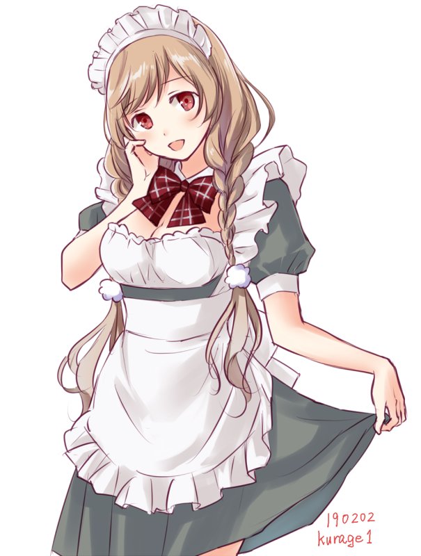 1girl alternate_costume apron black_dress blue_eyes blush braid breasts dress frills gradient_hair kantai_collection kurage1 large_breasts light_brown_hair long_hair looking_at_viewer maid maid_headdress minegumo_(kantai_collection) multicolored_hair open_mouth red_eyes ribbon short_sleeves simple_background solo twin_braids white_background