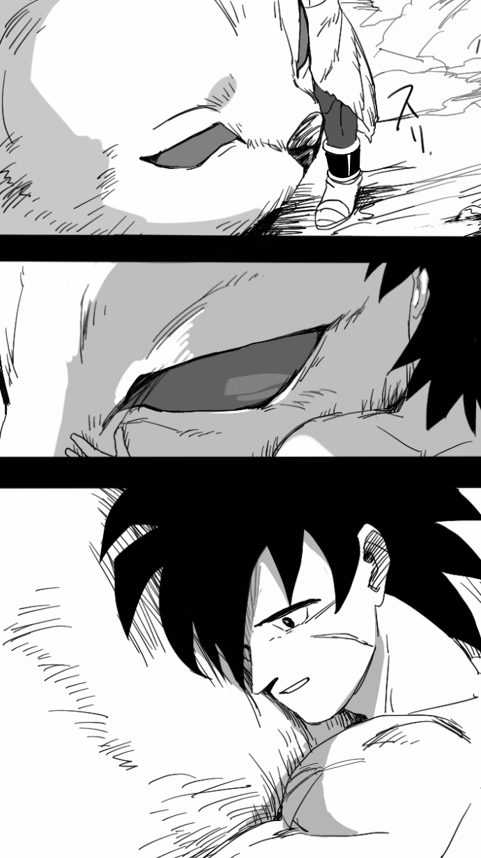 1boy bah_(dragon_ball) black_eyes black_hair boots broly_(dragon_ball_super) close-up comic dragon_ball dragon_ball_super_broly greyscale highres hug light_smile looking_down male_focus monochrome scar shaded_face sparkling_eyes tako_jirou