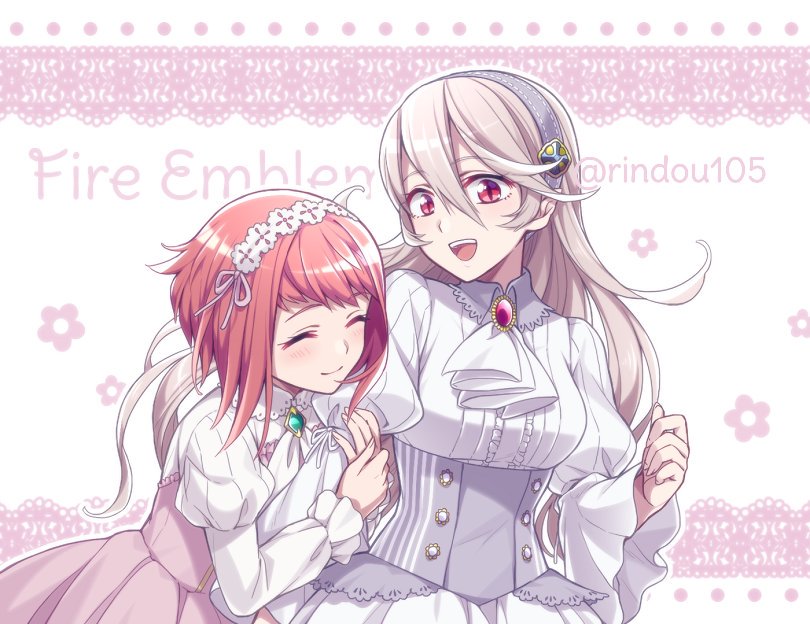 2girls alternate_costume arm_hug closed_eyes closed_mouth copyright_name dress female_my_unit_(fire_emblem_if) fire_emblem fire_emblem_if hairband hiyori_(rindou66) long_hair long_sleeves multiple_girls my_unit_(fire_emblem_if) nintendo open_mouth pink_hair pointy_ears red_eyes sakura_(fire_emblem_if) smile twitter_username white_hair