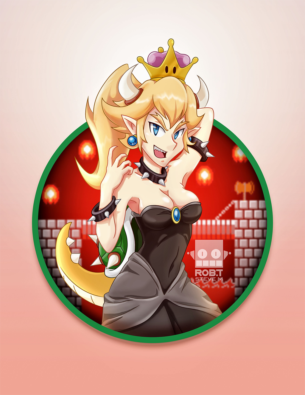 black_dress blonde_hair blue_eyes bowser bowser_peach bowsette breasts dress highres horns super_mario_bros. nintendo super_crown super_mario_bros. tail