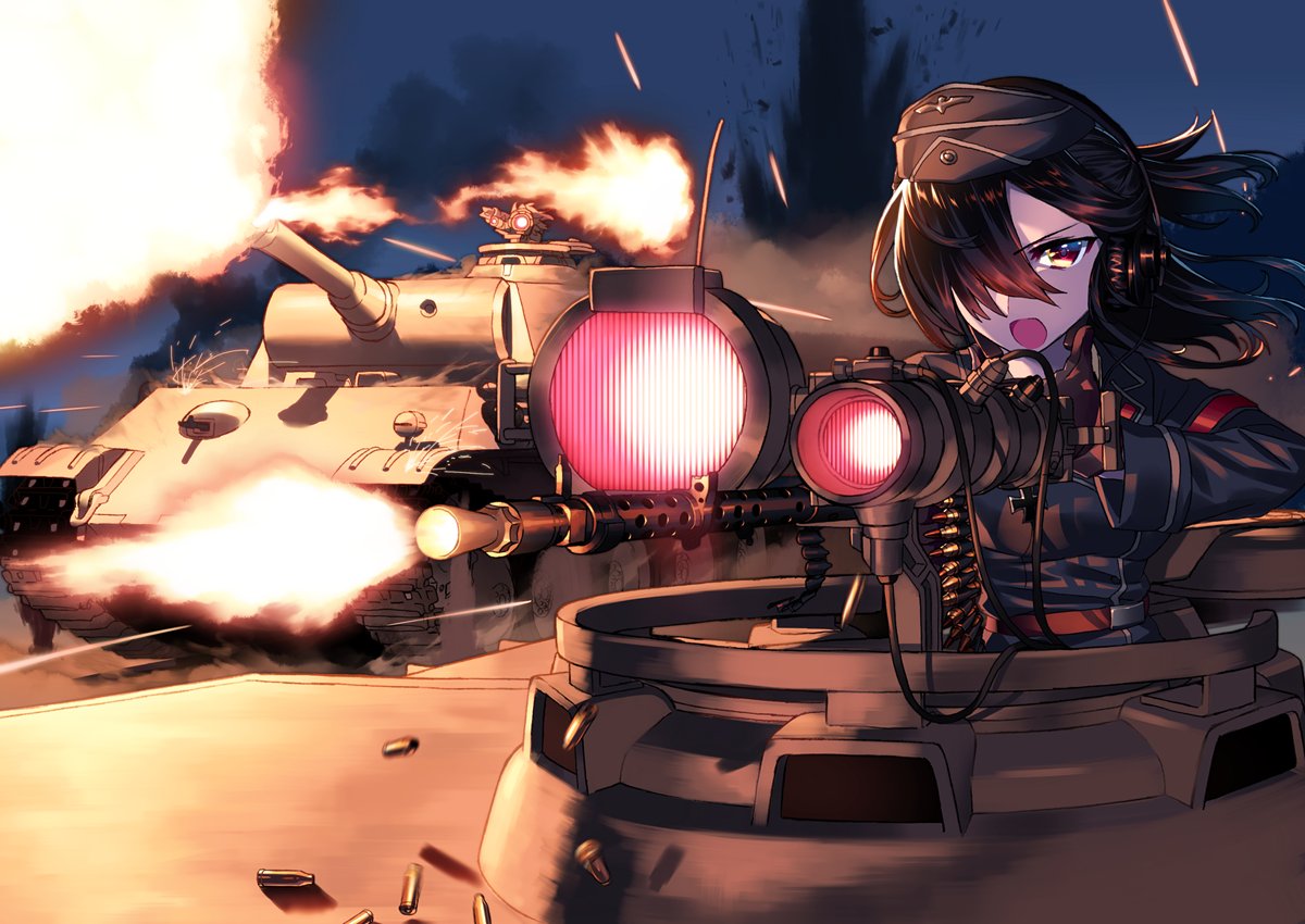 1girl bangs black_eyes black_hair black_hat black_jacket black_sky blew_andwhite bullet_casing commentary_request explosion firing flashlight frown garrison_cap ground_vehicle hair_over_one_eye hat headphones iron_cross jacket long_hair long_sleeves looking_at_viewer military military_hat military_uniform military_vehicle motion_blur motor_vehicle night night_sky open_mouth original outdoors panzerkampfwagen_iv sky solo_focus sparks spotlight tank tank_cupola tracer_fire uniform weapon_request wind