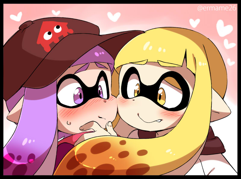 2girls artist_name baseball_cap black_border blonde_hair blush border cheek-to-cheek domino_mask eromame fang_out hand_on_another's_chin hat heart imminent_kiss inkling long_hair mask multiple_girls pointy_ears purple_hair splatoon splatoon_(series) splatoon_1 sweat tentacle_hair twitter_username violet_eyes yellow_eyes yuri