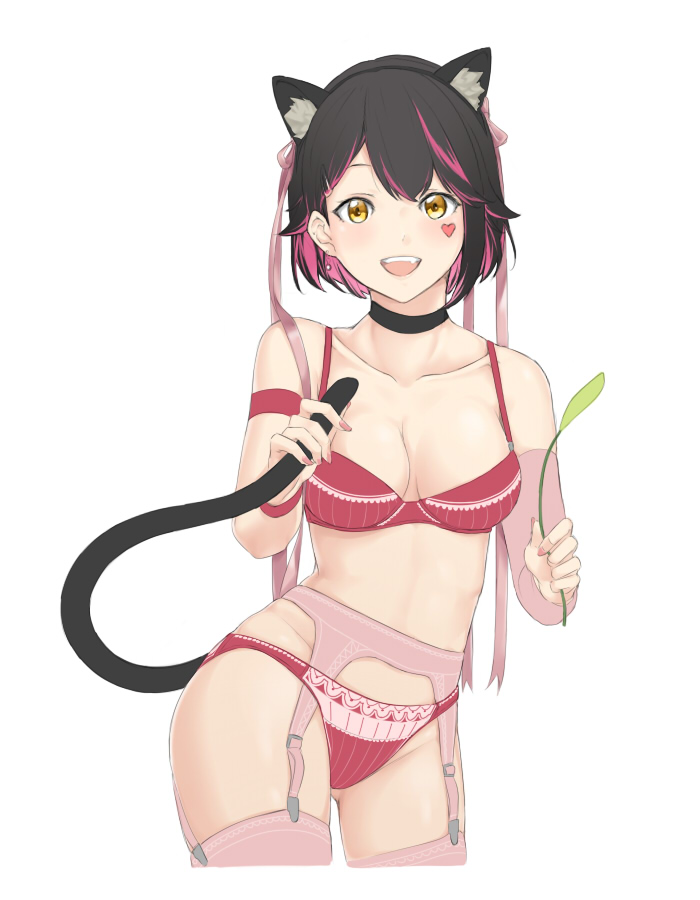 1girl :d animal_ears black_hair black_hairband bra breasts cat_ears cat_tail choker cleavage collarbone contrapposto cropped_legs earrings fake_animal_ears garter_belt groin hairband heart highlights jewelry looking_at_viewer medium_breasts multicolored_hair neck_ribbon open_mouth original panties pink_hair pink_legwear pink_ribbon red_bra red_panties ribbon saruno_(eyesonly712) short_hair simple_background smile solo standing striped tail thigh-highs two-tone_hair underwear underwear_only vertical-striped_bra vertical-striped_panties vertical_stripes white_background yellow_eyes