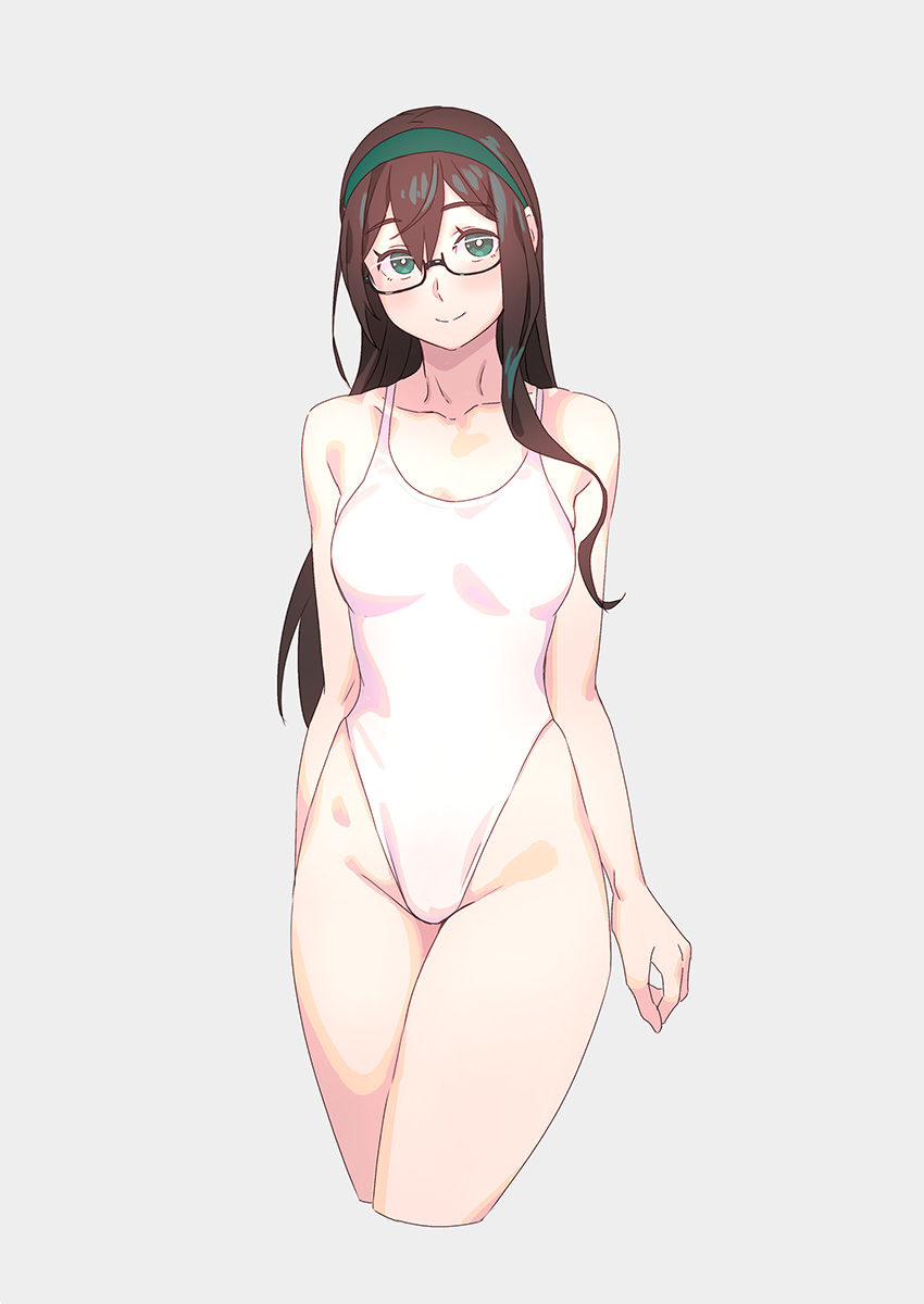 1girl black_hair breasts collarbone commentary_request cropped_legs disconnected_mouth glasses green_eyes grey_background hairband highleg highleg_swimsuit highres kantai_collection long_hair one-piece_swimsuit ooyodo_(kantai_collection) semi-rimless_eyewear simple_background small_breasts solo swimsuit under-rim_eyewear white_swimsuit yuuji_(and)