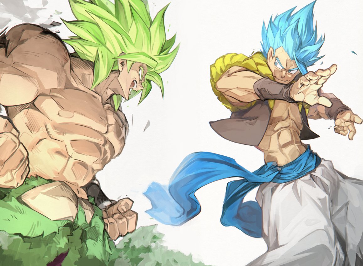 2boys abs blue_hair broly_(dragon_ball_super) clenched_hand clothes_lift dragon_ball dragon_ball_super_broly feet_out_of_frame fighting_stance fingernails frown gogeta green_hair grin looking_at_another male_focus multiple_boys nipples no_pupils outstretched_arms pants profile shaded_face shirtless short_hair smile spiky_hair super_saiyan super_saiyan_blue upper_body upper_teeth waistcoat white_pants wristband yunar