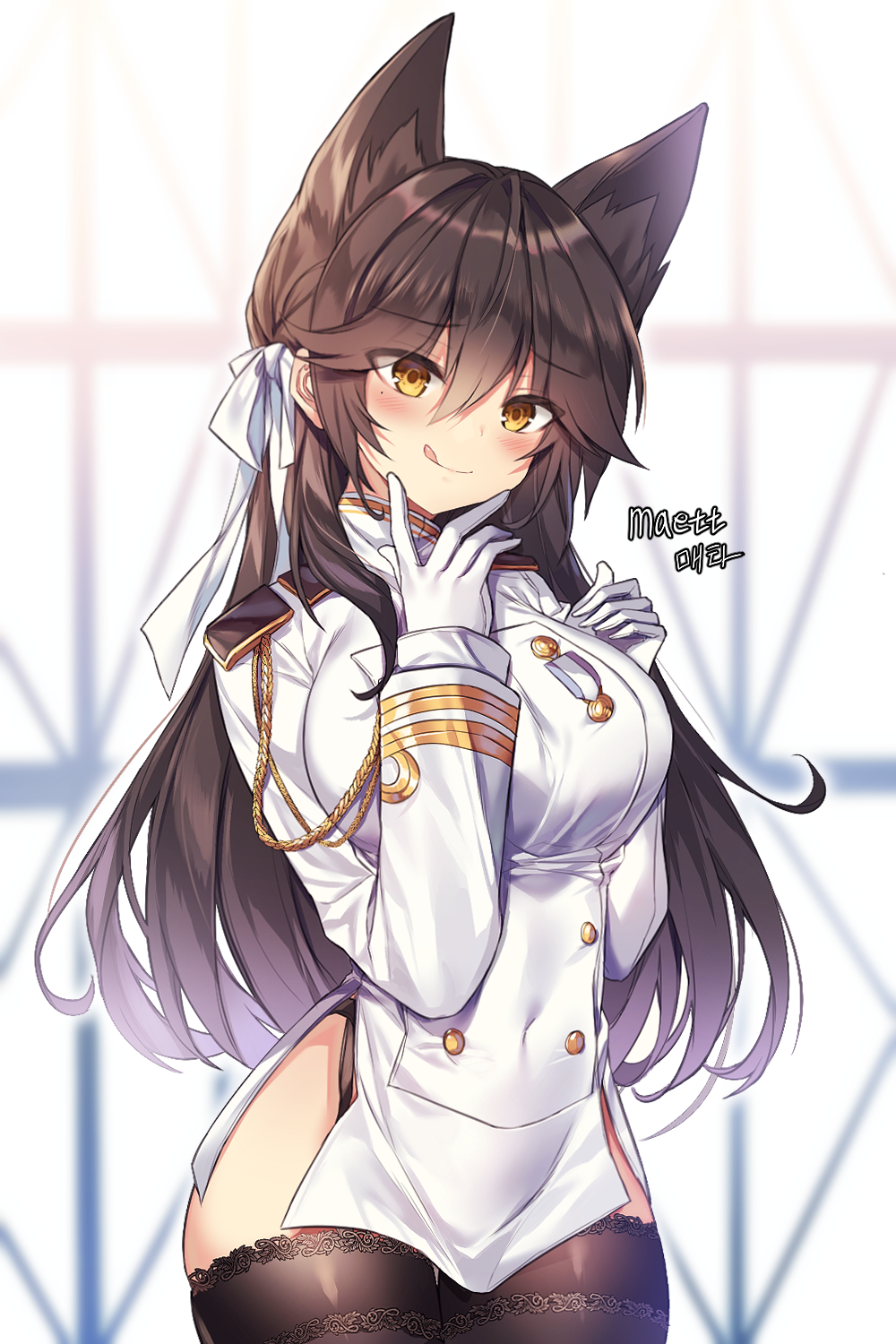 1girl :q animal_ears atago_(azur_lane) azur_lane black_legwear blush breasts brown_hair extra_ears eyebrows_visible_through_hair garter_straps gloves hair_between_eyes hair_ribbon highres large_breasts long_hair long_sleeves maett military military_uniform ribbon solo thigh-highs tongue tongue_out uniform white_gloves white_ribbon