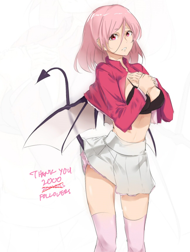 1girl black_bra bra breasts cleavage demon_tail eyebrows_visible_through_hair floating_hair hair_between_eyes jacket long_hair long_sleeves looking_at_viewer medium_breasts midriff miniskirt navel open_clothes open_jacket original pink_eyes pink_hair pink_legwear pleated_skirt red_jacket saruno_(eyesonly712) shiny shiny_hair simple_background skirt solo standing stomach tail thigh-highs underwear white_background white_skirt wings zettai_ryouiki