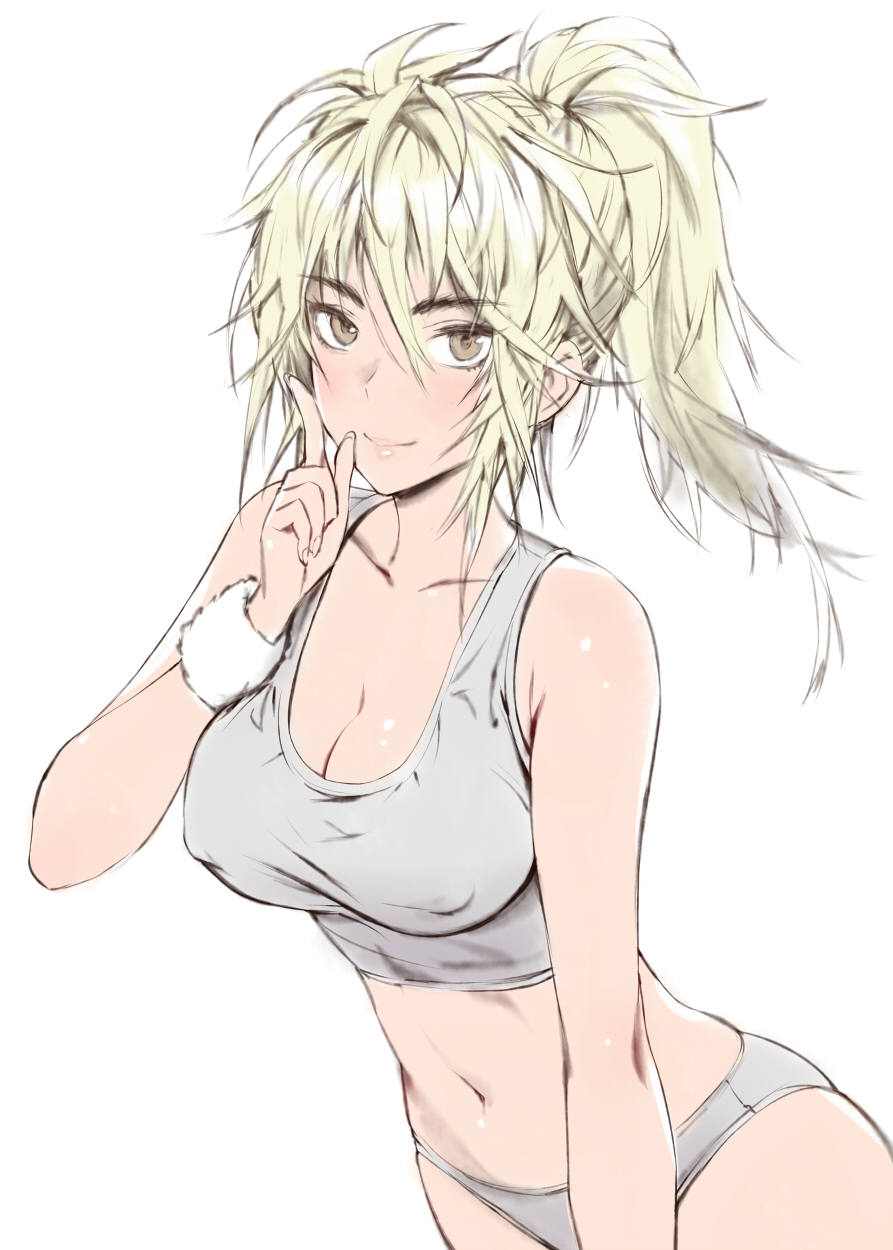 1girl bangs bare_arms bare_shoulders blonde_hair breasts brown_hair cleavage commentary_request covered_nipples cowboy_shot crop_top eyebrows_visible_through_hair grey_panties grey_tank_top hair_between_eyes hand_up highres index_finger_raised large_breasts looking_at_viewer matsuda_(matsukichi) messy_hair midriff navel no_pants original panties ponytail simple_background smile solo stomach tank_top underwear white_background wristband