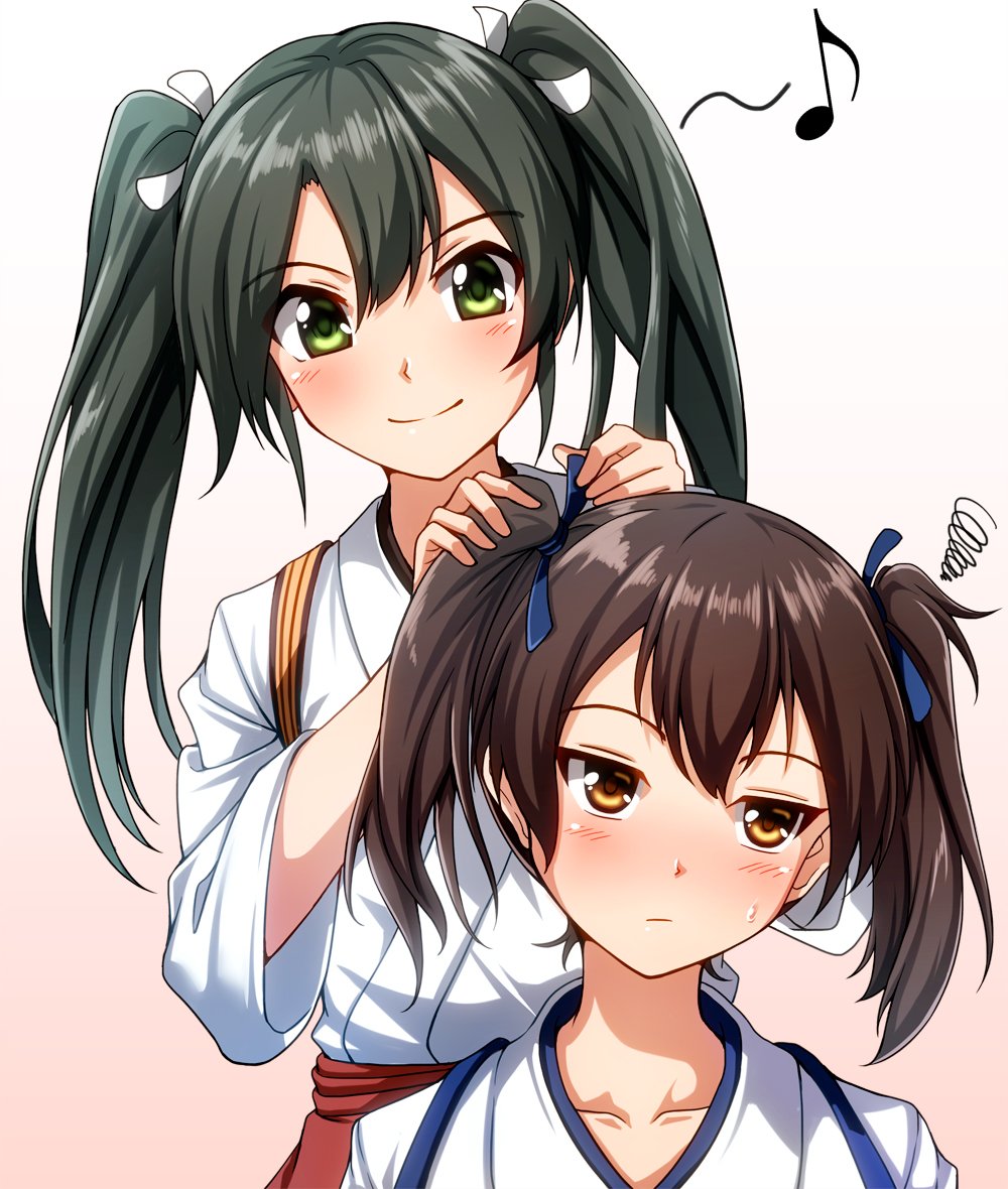 2girls alternate_hairstyle brown_eyes brown_hair collarbone commentary_request eighth_note expressionless gradient gradient_background green_eyes grey_hair hakama hakama_skirt japanese_clothes kaga_(kantai_collection) kantai_collection long_hair looking_to_the_side matching_hairstyle multiple_girls musical_note pink_background red_hakama squiggle tasuki twintails tying_hair upper_body white_background zanntetu zuikaku_(kantai_collection)