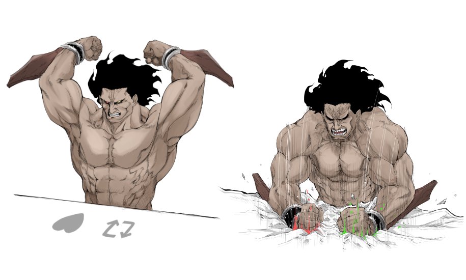 1boy berserker black_hair bongo_cat bracelet commentary dark_skin fate/stay_night fate_(series) hammer_(gekidan_sharing_sky) heart jewelry male_focus medium_hair meme motion_lines muscle no_pupils no_shirt open_mouth sharp_teeth slam teeth twitter