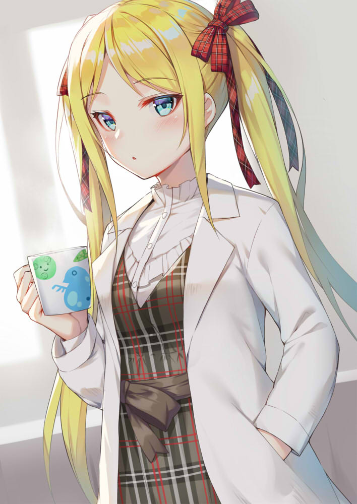 1girl alexmaster bangs blonde_hair blue_eyes blush brown_dress coat coffee_mug cup dress frilled_shirt frills hair_ribbon hand_in_pocket hand_up holding holding_cup labcoat long_hair long_sleeves looking_at_viewer mug open_clothes open_coat original parted_bangs parted_lips plaid plaid_dress plaid_ribbon red_ribbon ribbon shirt sidelocks solo twintails undershirt upper_body white_coat white_shirt wing_collar