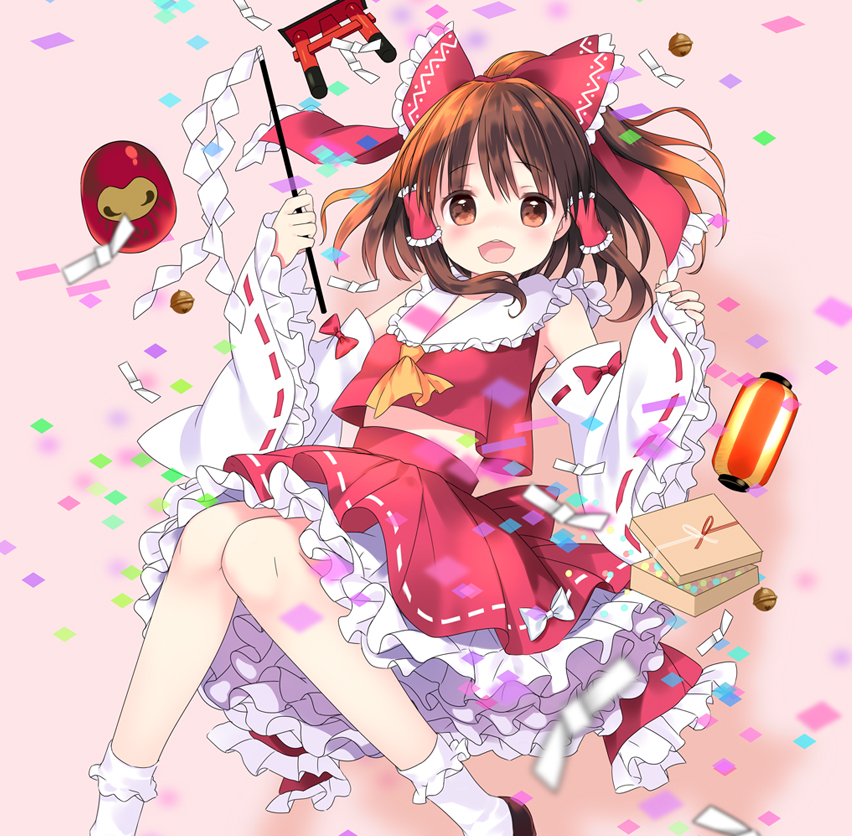 1girl :d ascot bell blurry_foreground bow box brown_eyes brown_hair confetti daruma_doll detached_sleeves feet_out_of_frame frilled_bow frilled_shirt_collar frilled_sleeves frills gohei hair_bow hair_tubes hakurei_reimu half_updo hinayuki_usa holding jingle_bell knees_together_feet_apart lantern looking_at_viewer medium_hair midriff nontraditional_miko open_mouth paper_lantern petticoat pinching_sleeves pink_background red_bow red_shirt red_skirt ribbon-trimmed_sleeves ribbon_trim shirt skirt skirt_set smile solo torii touhou white_legwear wide_sleeves yellow_neckwear