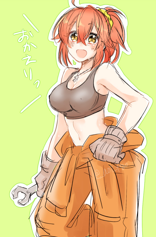 1girl :d blush breasts brown_eyes cleavage covered_nipples eyebrows_visible_through_hair fate/grand_order fate_(series) fujimaru_ritsuka_(female) gloves grey_gloves grey_tank_top hair_ornament hair_scrunchie holding jewelry looking_at_viewer medium_breasts midriff navel necklace open_mouth orange_pants ponytail redhead scrunchie shino-o shiny shiny_hair sideboob simple_background sketch smile solo standing stomach yellow_scrunchie