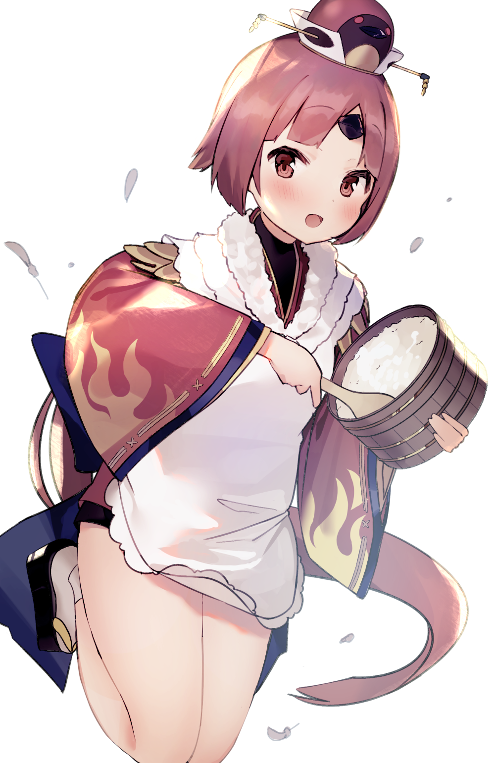 1girl :d apron benienma_(fate/grand_order) black_footwear black_shorts blush brown_eyes brown_hair brown_hat brown_kimono commentary_request fate/grand_order fate_(series) hat highres holding holding_spoon idemitsu japanese_clothes kimono long_hair long_sleeves looking_at_viewer open_mouth platform_footwear revision rice short_shorts shorts simple_background smile socks solo spoon very_long_hair white_apron white_background white_legwear wide_sleeves wooden_spoon zouri