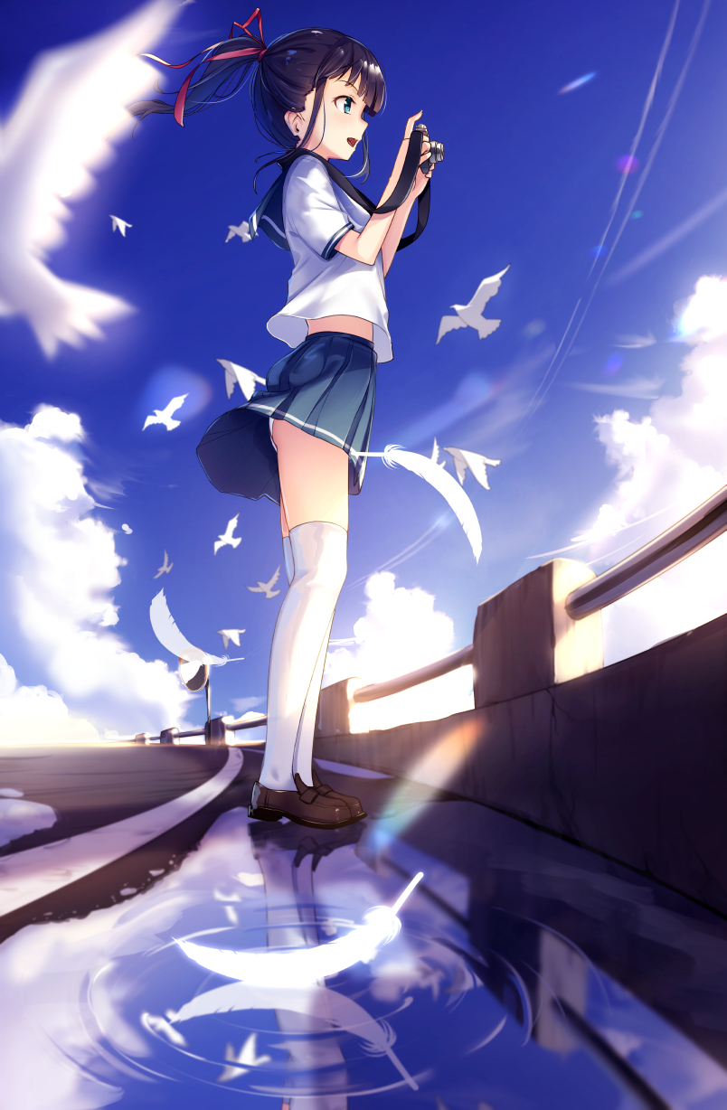1girl :d animal bangs bird black_hair blue_eyes blue_sailor_collar blue_skirt blue_sky blurry blurry_foreground brown_footwear camera clouds commentary_request condensation_trail day depth_of_field feathers hair_ribbon highres holding holding_camera loafers open_mouth original outdoors panties pleated_skirt ponytail profile puddle red_ribbon reflection revision ribbon ripples sailor_collar school_uniform serafuku shirt shoes short_sleeves skirt sky smile solo standing thigh-highs underwear white_feathers white_legwear white_panties white_shirt yan_(nicknikg)