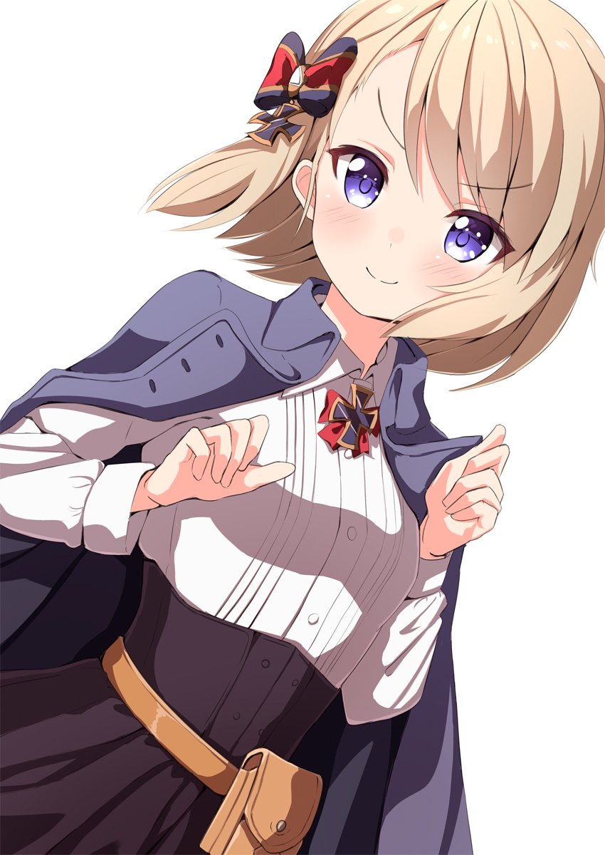 &gt;:) 1girl ame. azur_lane bangs blue_jacket blush bow breasts brown_skirt closed_mouth collared_shirt commentary_request dress_shirt dutch_angle eyebrows_visible_through_hair hair_bow hands_up highres iron_cross jacket jacket_on_shoulders light_brown_hair long_sleeves looking_at_viewer red_bow shirt simple_background skirt small_breasts smile solo striped striped_bow violet_eyes white_background white_shirt z23_(azur_lane)