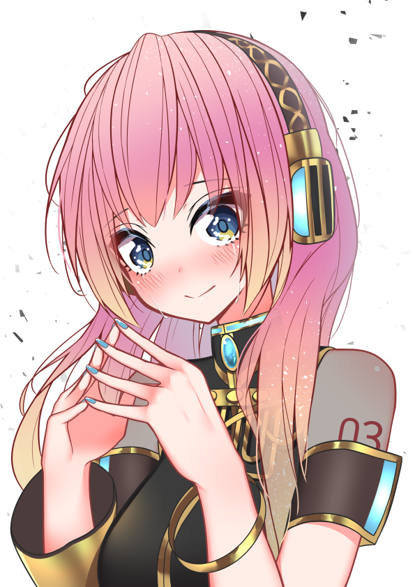 1girl anniversary armlet asymmetrical_sleeves bangs black_shirt blue_eyes blush bracelet breasts commentary crying crying_with_eyes_open eyebrows_visible_through_hair fingers_together giryu headphones jewelry just_be_friends_(vocaloid) looking_at_viewer medium_breasts megurine_luka nail_polish pink_hair shirt shoulder_tattoo smile solo straight_hair tattoo tears upper_body vocaloid white_background