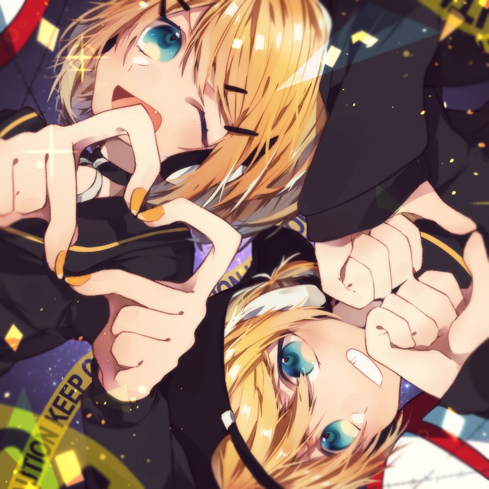 1boy 1girl ;d baseball_cap black_hat blonde_hair blue_eyes caution_tape close-up commentary detached_sleeves fang finger_heart from_above grin hair_ornament hairclip hands_together hat headphones kagamine_len kagamine_rin light_blush looking_at_viewer looking_to_the_side manya_sora nail_polish one_eye_closed open_mouth rettou_joutou_(vocaloid) rotational_symmetry sailor_collar short_hair siblings smile twins vocaloid