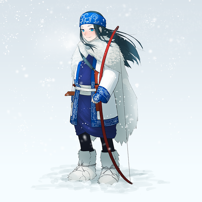 1girl ainu ainu_clothes asirpa black_hair blue_eyes blush boots bow_(weapon) cape commentary_request full_body fur_boots fur_cape golden_kamuy snow snowing solo standing weapon yue_(tada_no_saboten)
