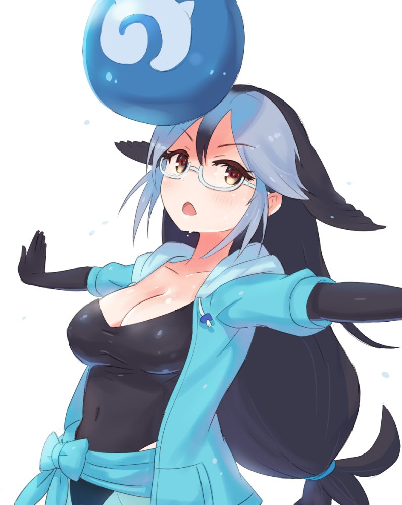 1girl balancing_ball ball blush california_sea_lion_(kemono_friends) collarbone commentary_request dark_blue_hair drawstring eyebrows_visible_through_hair flippers glasses grey_hair hair_tie hood hood_down jacket japari_symbol kemono_friends long_hair multicolored_hair navel one-piece_swimsuit outstretched_hand roozin solo sweatdrop swimsuit t-pose upper_body