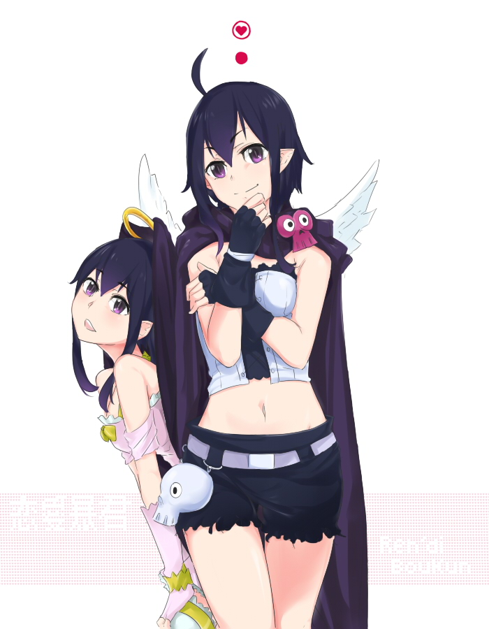 2girls ahoge angel_wings black_cloak black_gloves black_hair black_shorts eyebrows_visible_through_hair feathered_wings fingerless_gloves gloves guri hands_on_own_knees head_tilt leaning_forward long_hair looking_at_viewer midriff multiple_girls navel pointy_ears ren'ai_boukun saruno_(eyesonly712) short_shorts shorts simple_background smile standing stomach thigh-highs violet_eyes white_background white_legwear white_wings wings