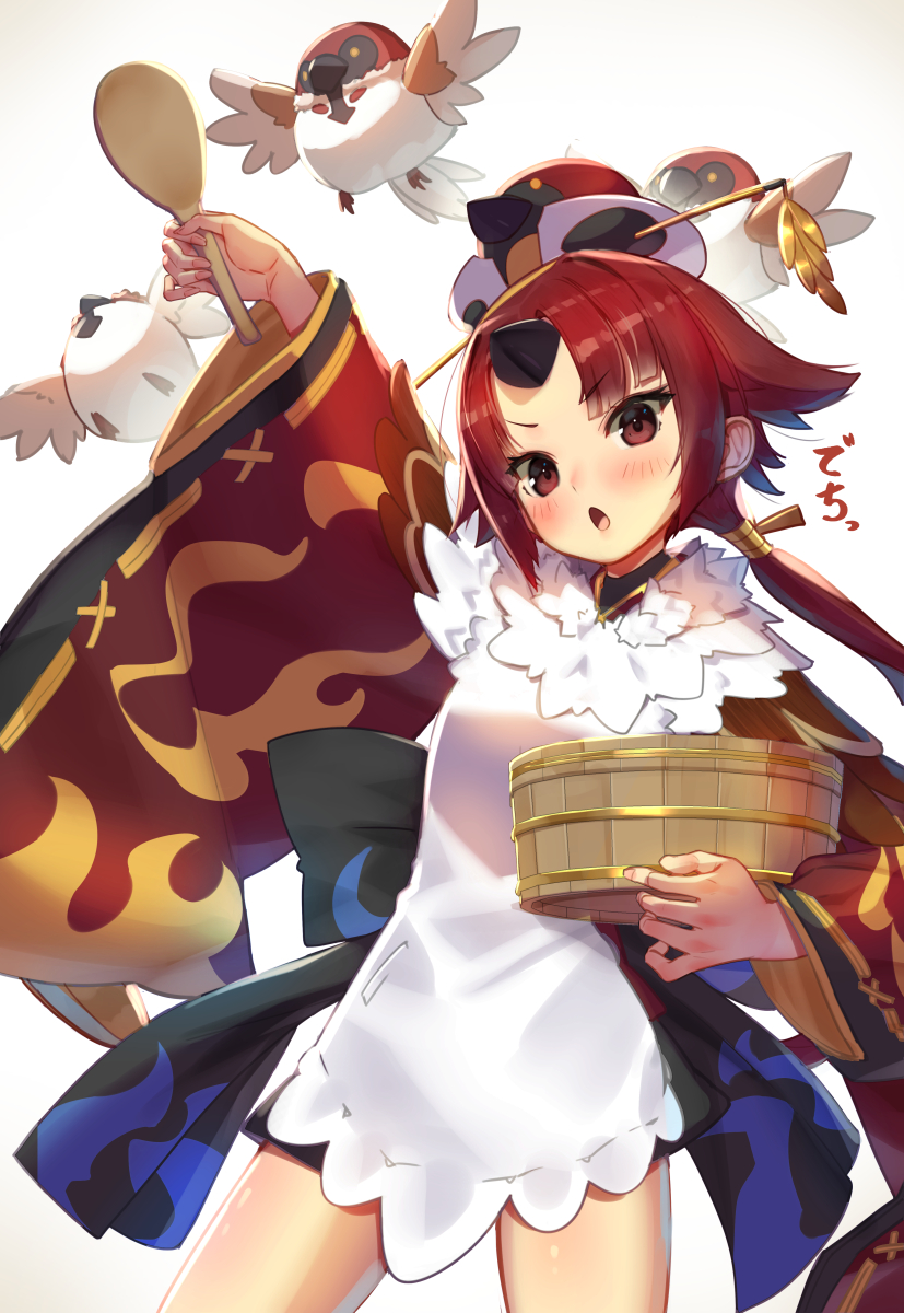 1girl animal_hat apron arm_up bangs benienma_(fate/grand_order) bird black_skirt brown_eyes bucket character_request commentary_request cowboy_shot eyebrows_visible_through_hair fate/grand_order fate_(series) hair_ornament hair_stick hat highres holding long_hair long_sleeves looking_at_viewer low_ponytail miniskirt open_mouth red_robe redhead robe simple_background skirt solo standing sukocchi thighs translation_request v-shaped_eyebrows white_apron white_background wide_sleeves wooden_bucket