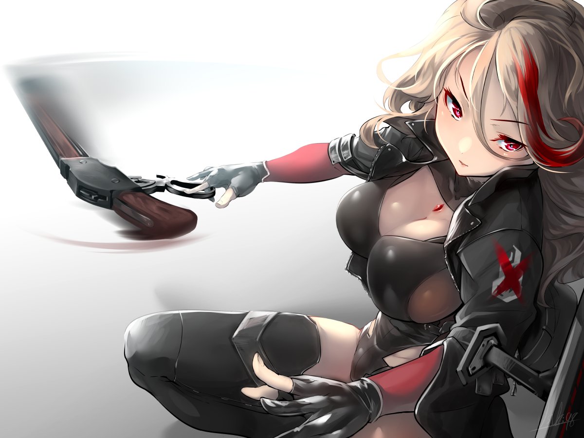 1girl black_gloves black_jacket black_legwear black_leotard breasts brown_hair cleavage cleavage_cutout commentary_request exoskeleton girls_frontline gloves gun hair_between_eyes jacket jewelry large_breasts leotard lever_action long_hair looking_at_viewer m1887_(girls_frontline) motion_blur multicolored_hair partly_fingerless_gloves pendant red_eyes redhead reloading ruby_(gemstone) shield shotgun side_cutout signature solo streaked_hair thigh-highs usuki_(graygreed) wavy_hair weapon winchester_model_1887